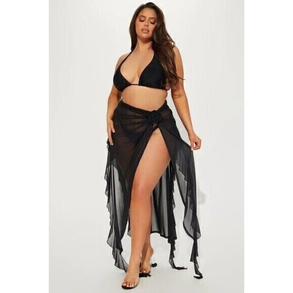 Flower‎ Detail Black Ruffled Mesh Coverup Sarong Size M RefN09